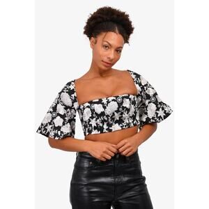 Alexis Jacquard Floral Flare Sleeve Corset Crop Top Black White Women's Large